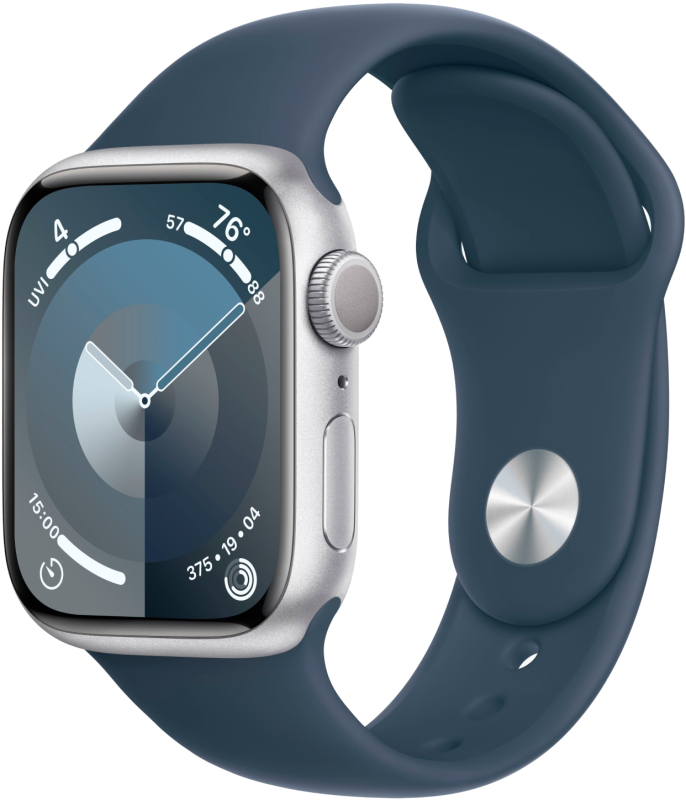 На фото изображено Apple Watch Series 9, 41 мм, корпус из алюминия цвета «Серебристый», спортивный ремешок, размер S/M