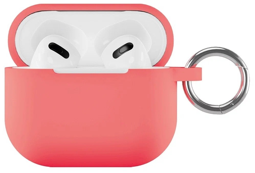 На фото изображено Чехол силиконовый VLP Soft Touch, с кольцом, для AirPods 3, коралловый