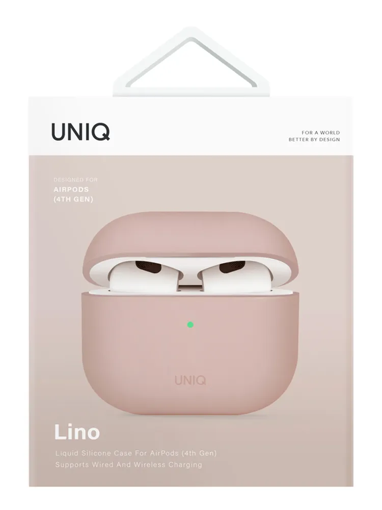 На фото изображено Защитный чехол Uniq Lino Silicone Case для Airpods 4, розовый