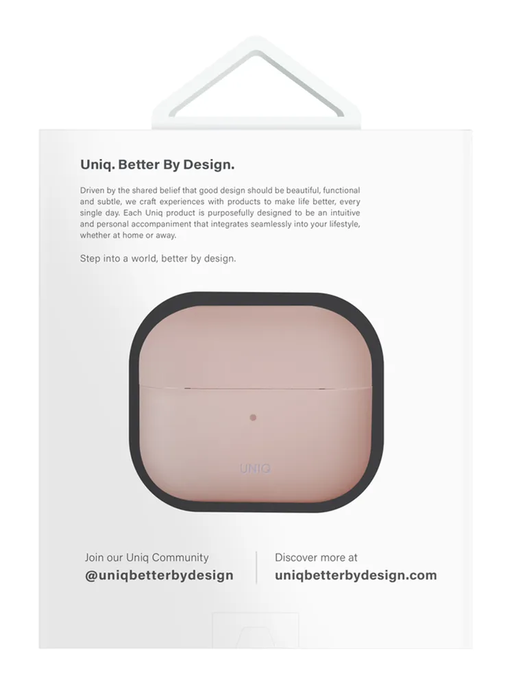 На фото изображено Защитный чехол Uniq Lino Silicone Case для Airpods 4, розовый