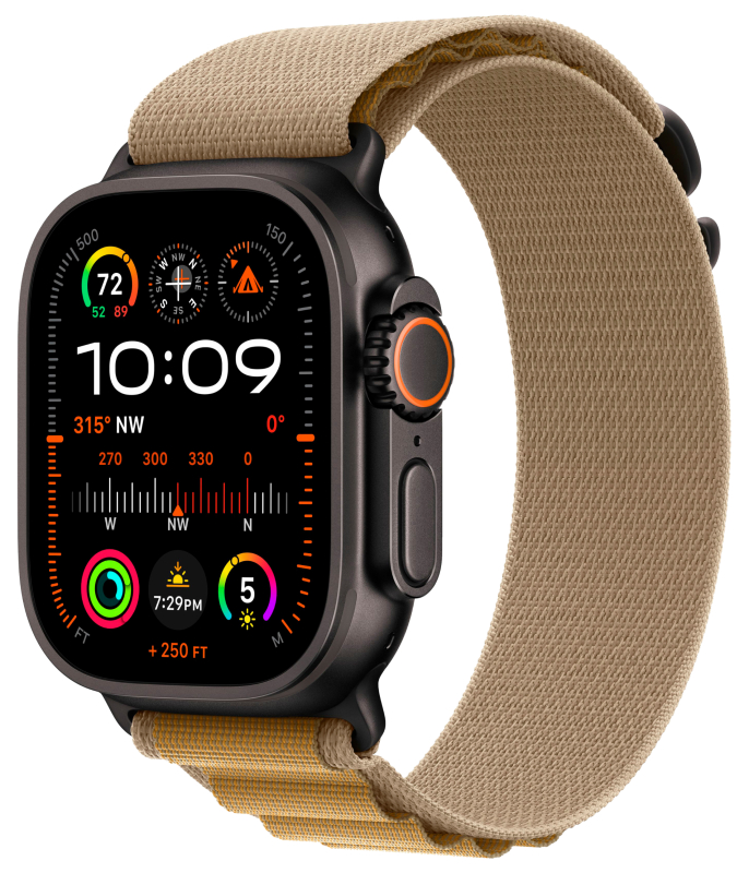 Apple Watch Ultra 2 GPS + Cellular, 49 мм, корпус из черного титана, ремешок Alpine цвета «загар», размер L
