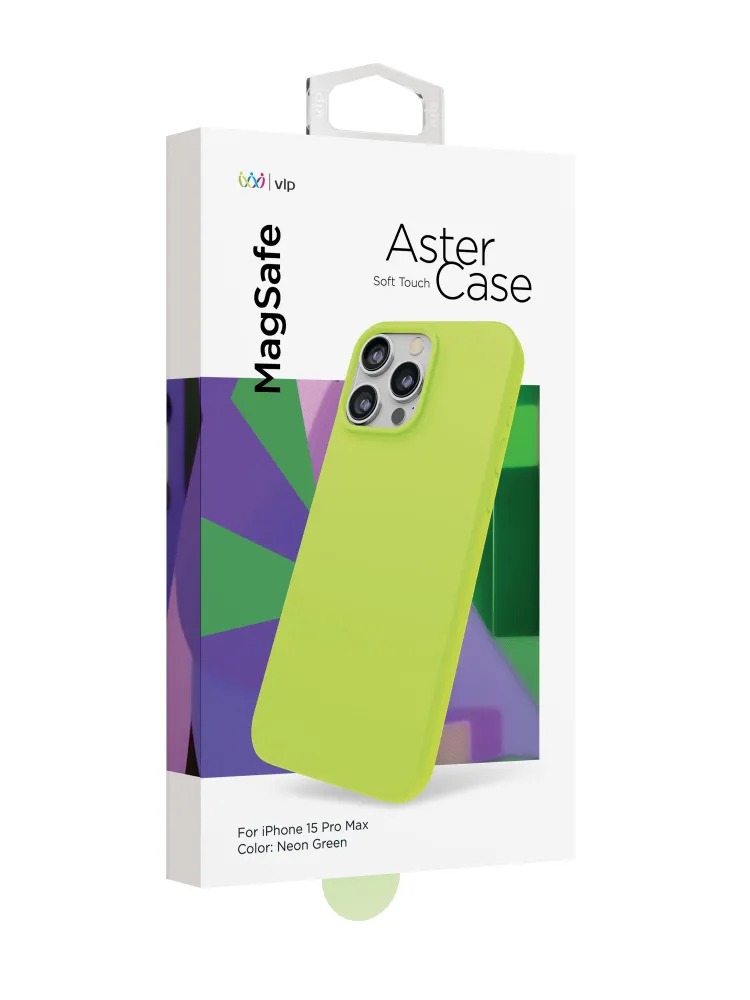 На фото изображено Чехол защитный VLP Aster Case с MagSafe для iPhone 15 Pro Max, неоновый зеленый