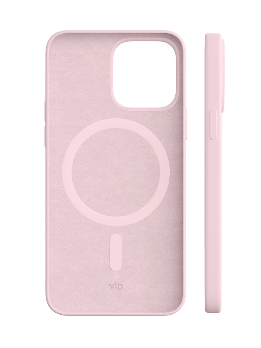 На фото изображено Чехол защитный VLP Silicone case с MagSafe для iPhone 14 Pro, светло-розовый