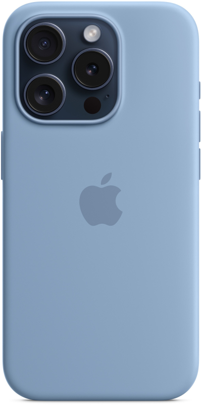 На фото изображено Чехол Apple MagSafe для iPhone 15 Pro, силикон, «Морозный голубой»