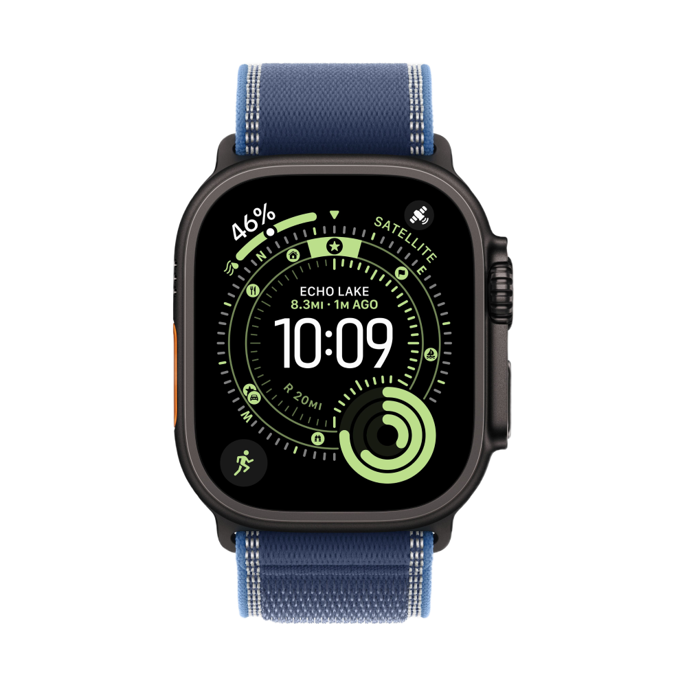 На фото изображено Apple Watch Ultra 3 GPS + Cellular, 49 мм, корпус из чёрного титана, ремешок Trail, цвет синий, S/M