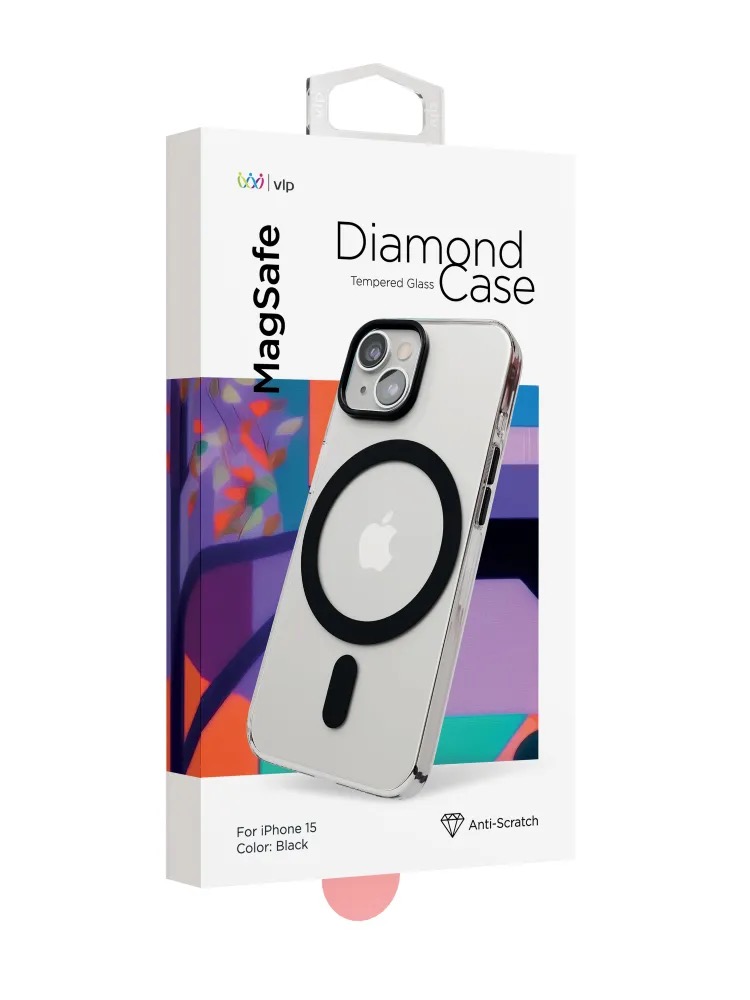 На фото изображено Чехол защитный VLP Diamond Case с MagSafe для iPhone 14/15, черный