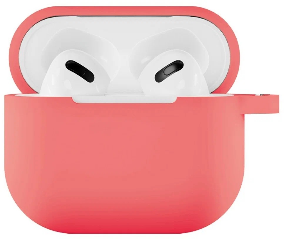 На фото изображено Чехол силиконовый VLP Soft Touch, с кольцом, для AirPods 3, коралловый