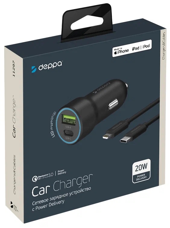 Фото Автомобильное зарядное устройство Deppa USB-C+USB-A, 20 Вт, черный На фото изображено Автомобильное зарядное устройство Deppa USB-C+USB-A, 20 Вт, черный