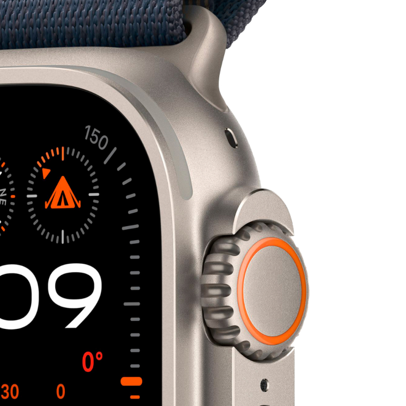 На фото изображено Apple Watch Ultra 2 GPS + Cellular, 49 мм, корпус из титана, ремешок Alpine, цвет синий, S