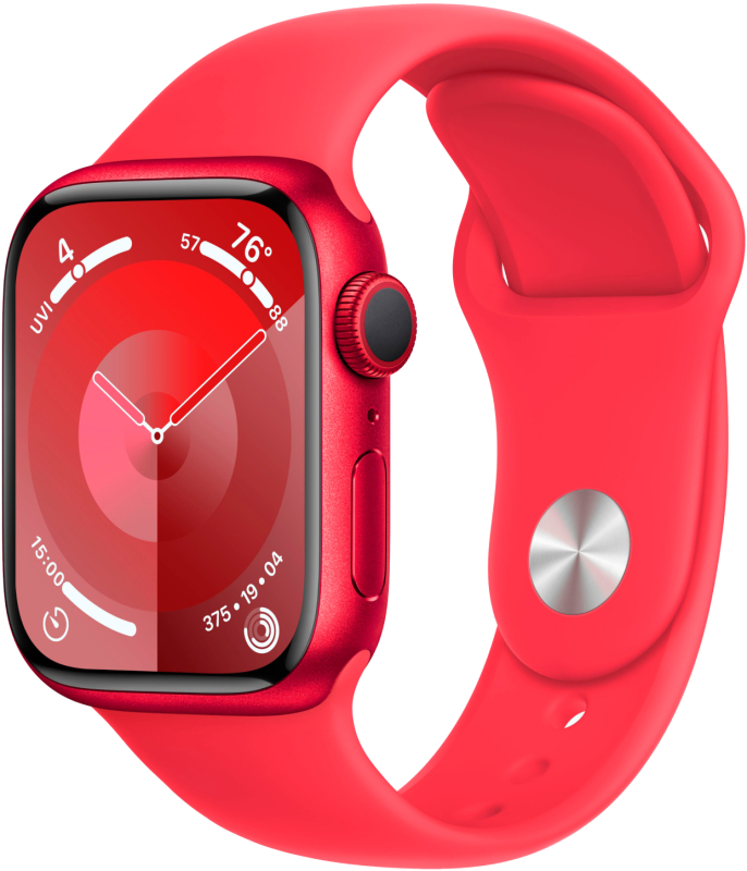 На фото изображено Apple Watch Series 9, 45 мм, корпус из алюминия цвета «(PRODUCT)RED», спортивный ремешок, размер S/M