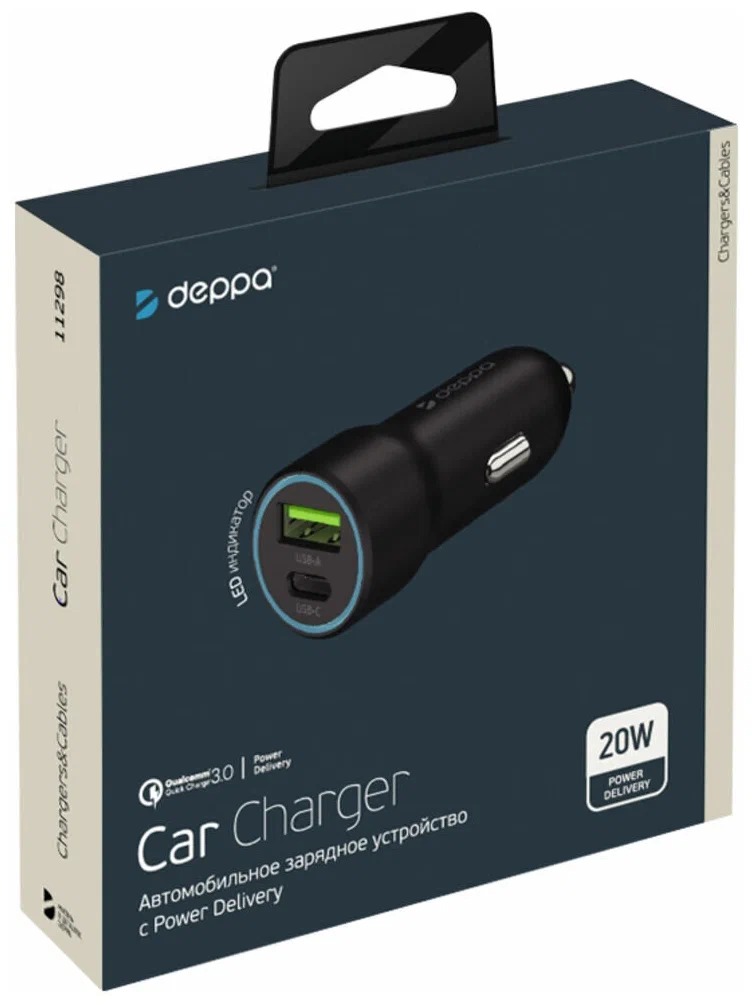 На фото изображено Автомобильное зарядное устройство Deppa USB-C+USB A, черный