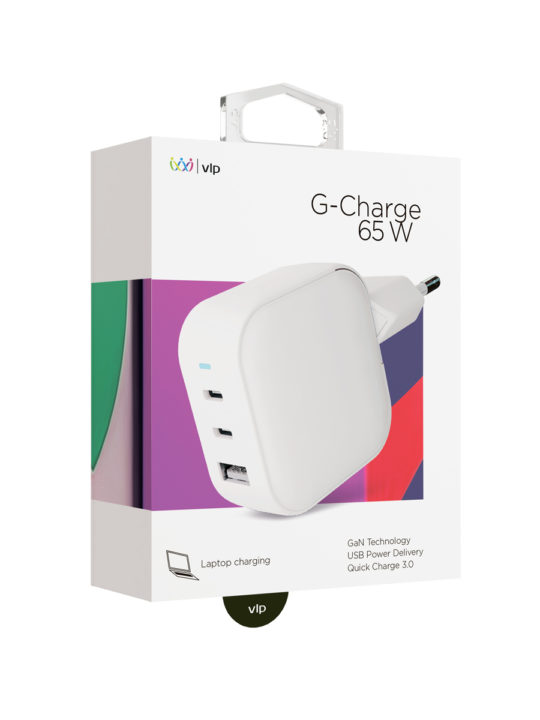 На фото изображено Сетевое зарядное устройство VLP G-Charge 65Вт 2 USB-C, USB-A, белый