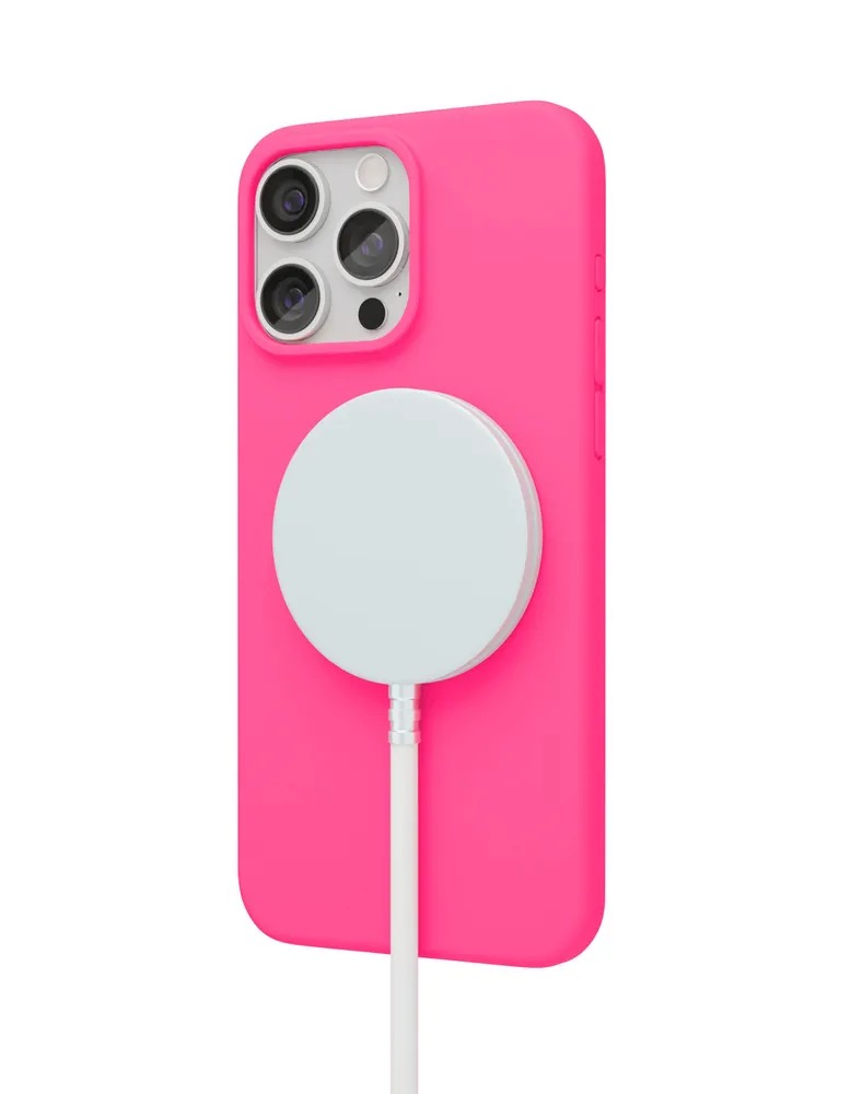 На фото изображено Чехол защитный VLP Aster Case с MagSafe для iPhone 15 Pro, неоновый розовый