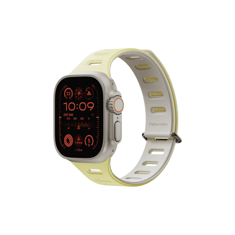 На фото изображено Ремешок Native Union для Apple Watch Magnetic 42/44/45/49мм, желтый/серый