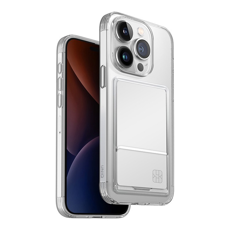 На фото изображено Фирменный чехол UNIQ Air Fender ID (Cardslot) для iPhone 15 Pro, прозрачный