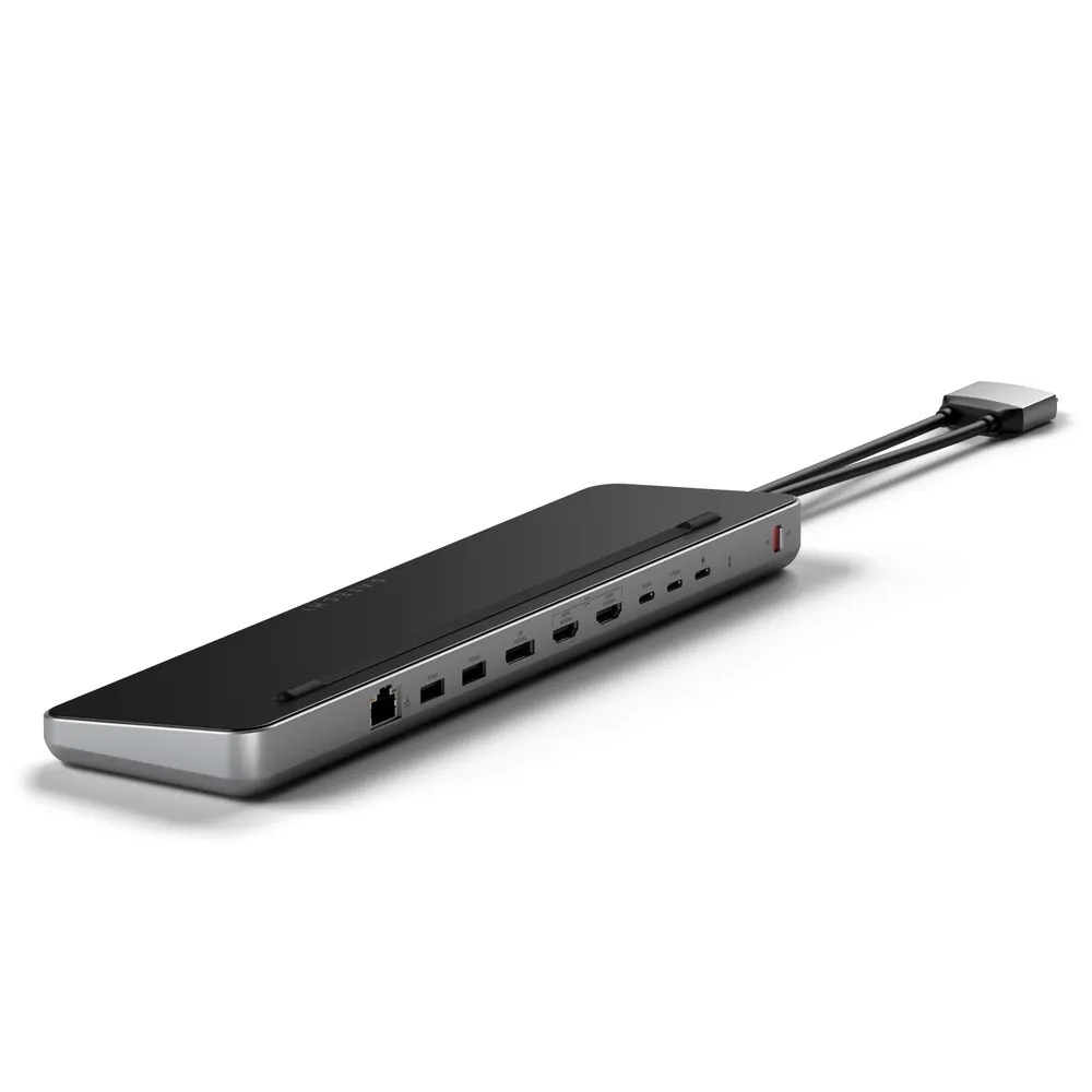 На фото изображено Док-станция двойная Satechi Dual Dock Stand - Docking Station with NVMe SSD Enclosure, черно-серебристый