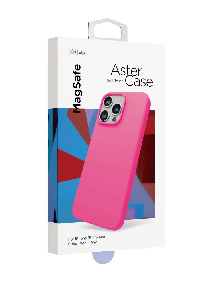 На фото изображено Чехол защитный VLP Aster Case с MagSafe для iPhone 15 Pro Max, неоновый розовый