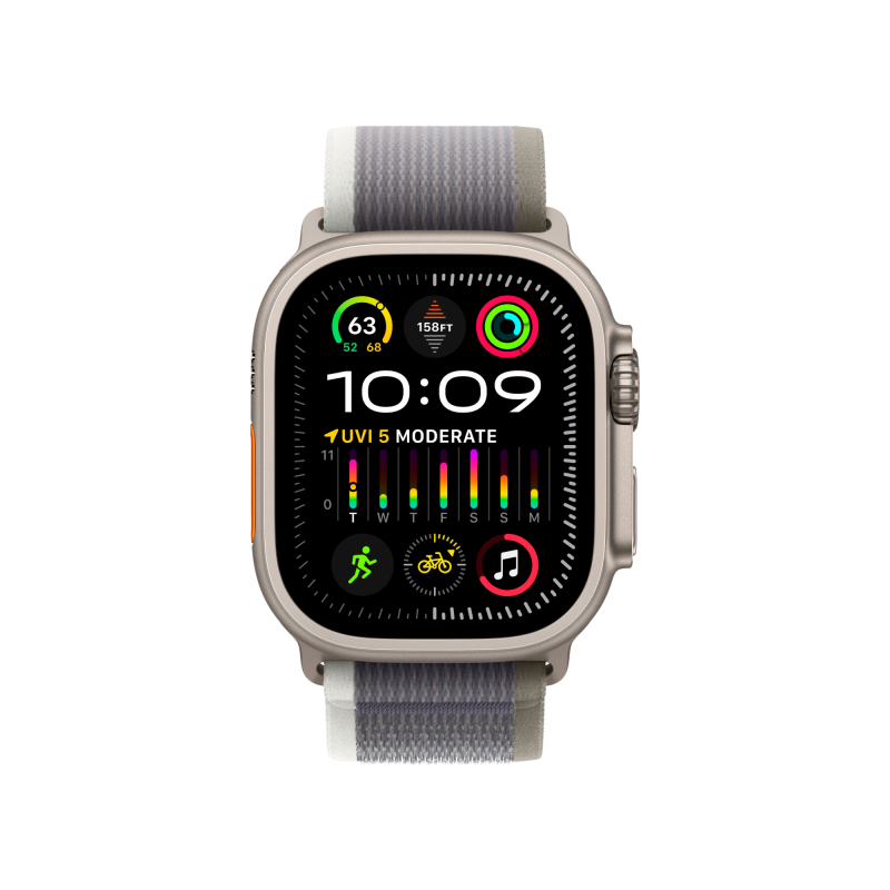 На фото изображено Apple Watch Ultra 2 GPS + Cellular, 49 мм, корпус из титана, ремешок Trail цвет Зелено/серый, M/L