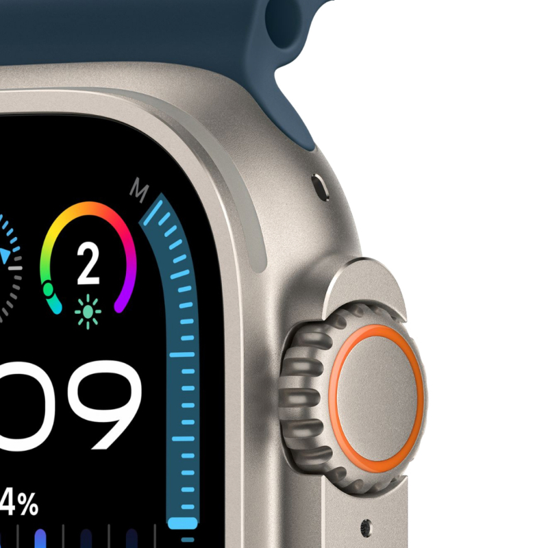 На фото изображено Apple Watch Ultra 2 GPS + Cellular, 49 мм, корпус из титана, ремешок Ocean цвет Синий