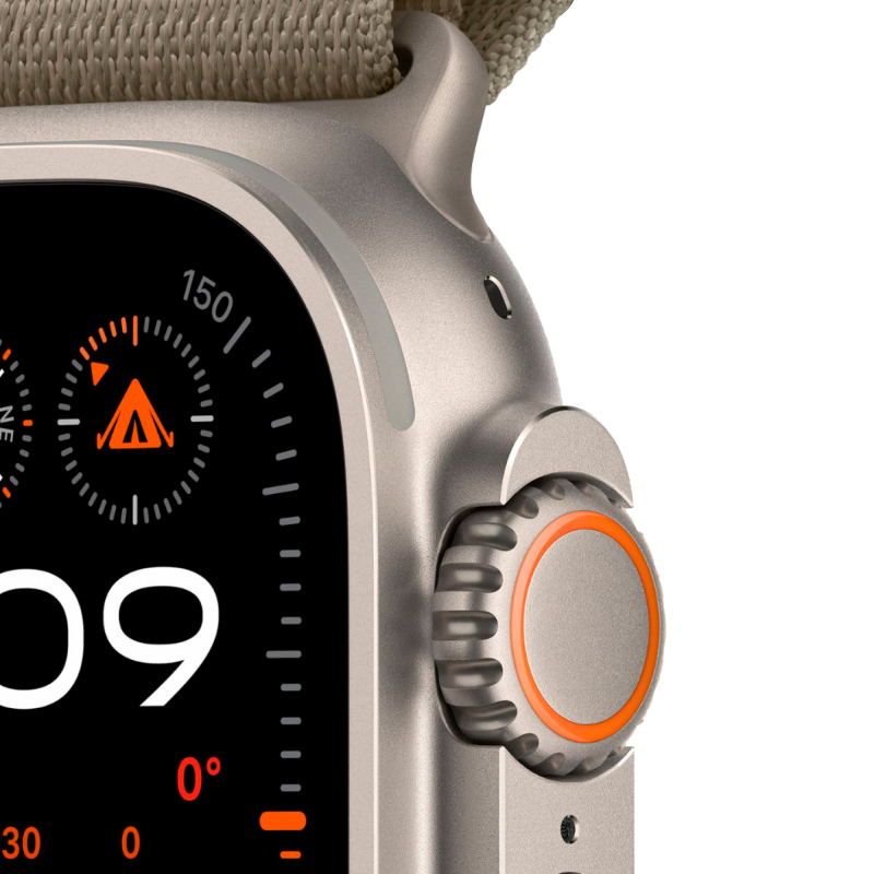На фото изображено Apple Watch Ultra 2 GPS + Cellular, 49 мм, корпус из титана, ремешок Alpine цвет оливковый, S