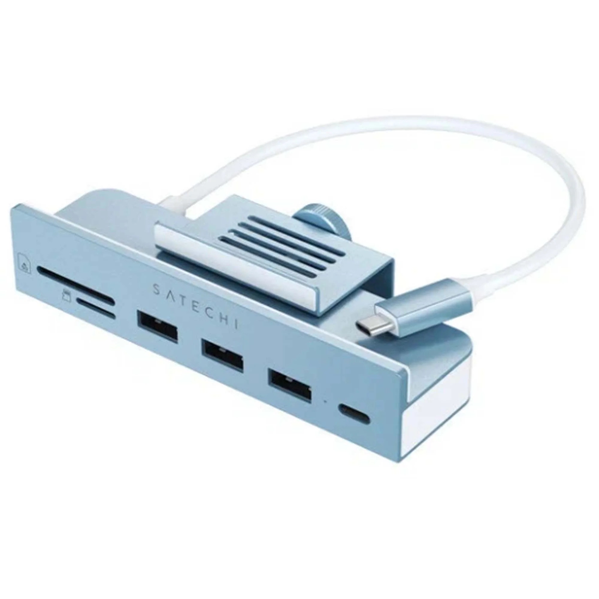 На фото изображено USB-C-концентратор Satechi Aluminum USB-C Clamp Hub для 24" iMac, синий