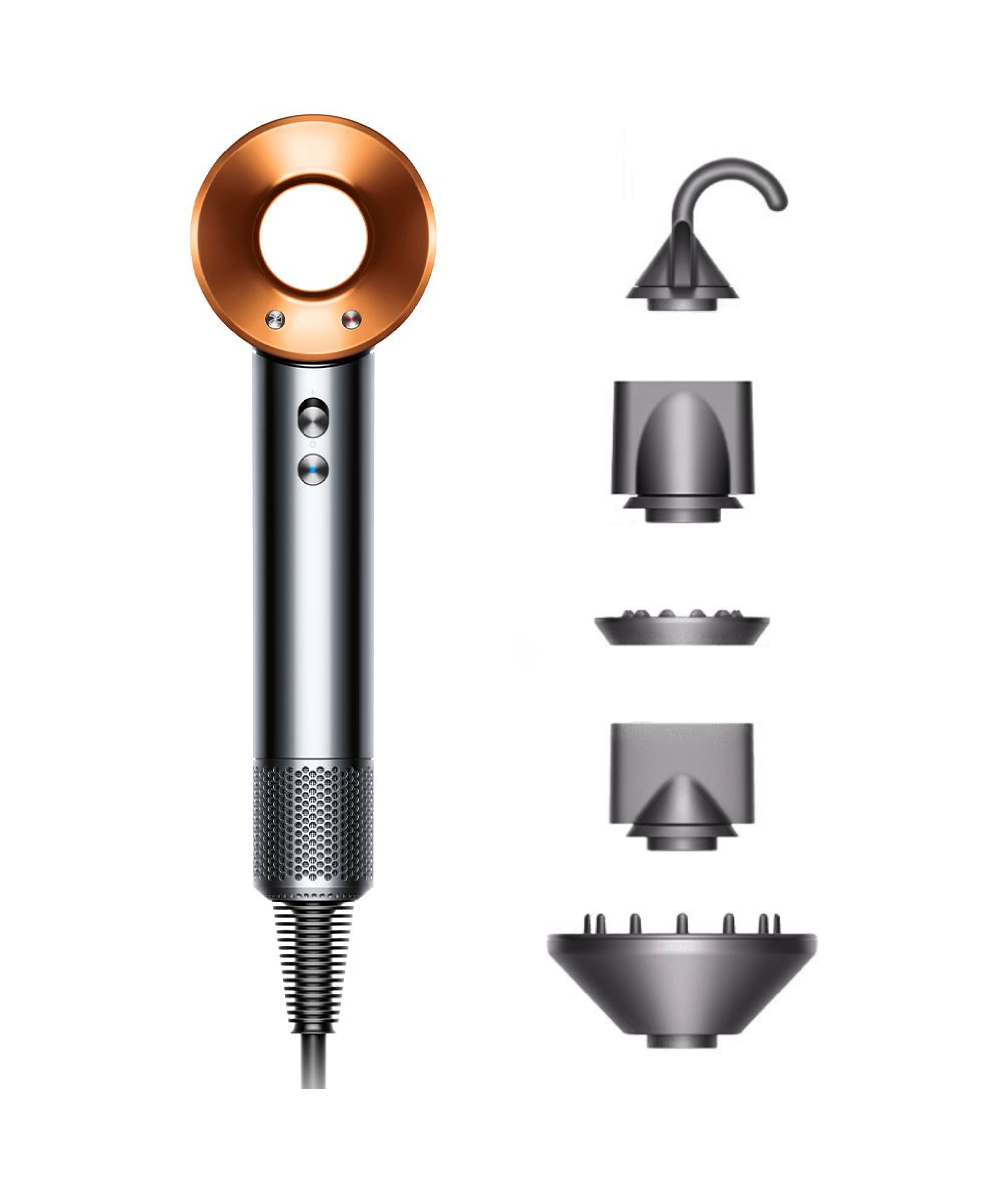 На фото изображено Фен Dyson Supersonic HD08, Nickel/Copper