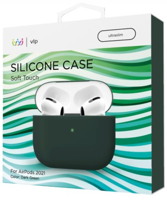 На фото изображено Чехол силиконовый VLP Soft Touch для AirPods 3, темно-зеленый