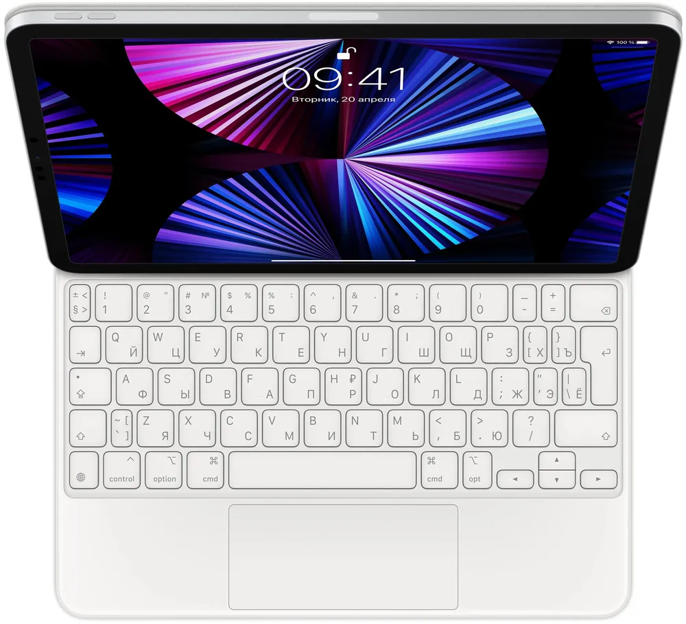 На фото изображено Клавиатура Apple Magic KeyBoard для iPad Air 10.9" (2022), iPad Air 11" (2024) и iPad Pro 11" (2022), белый