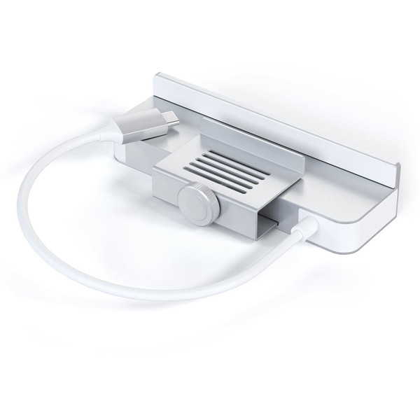 На фото изображено USB-C-концентратор Satechi Aluminum USB-C Clamp Hub для 24" iMac, серебристый