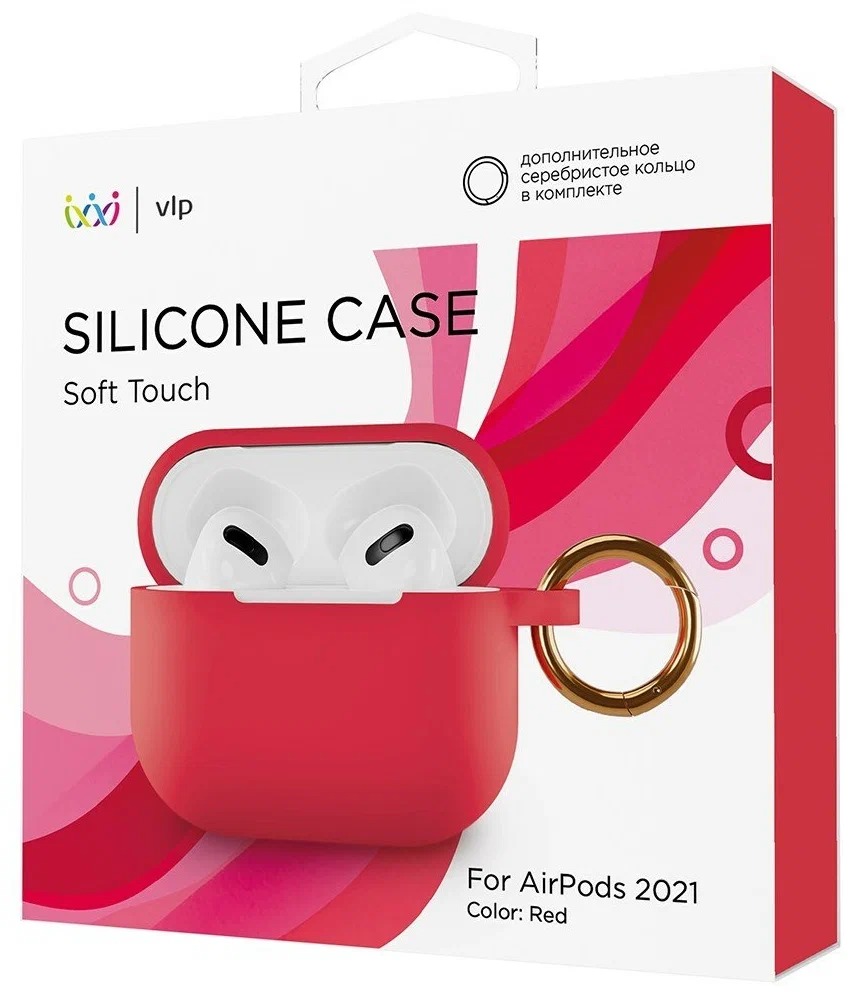 На фото изображено Чехол силиконовый VLP Soft Touch, с кольцом, для AirPods 3, красный