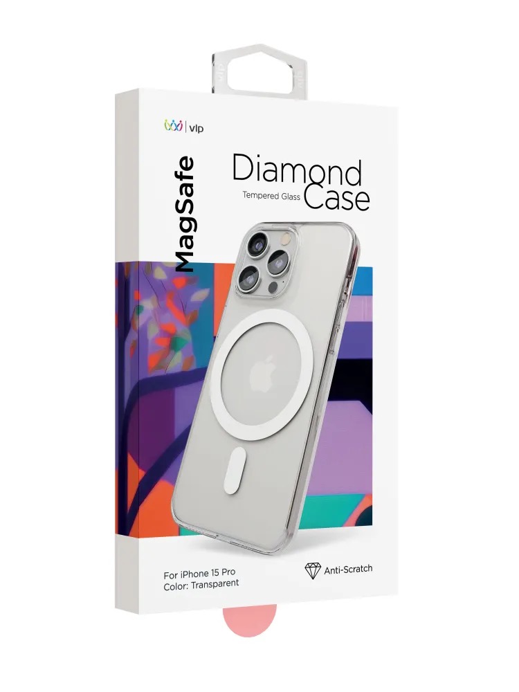 На фото изображено Чехол защитный VLP Diamond Case с MagSafe для iPhone 15 Pro, прозрачный