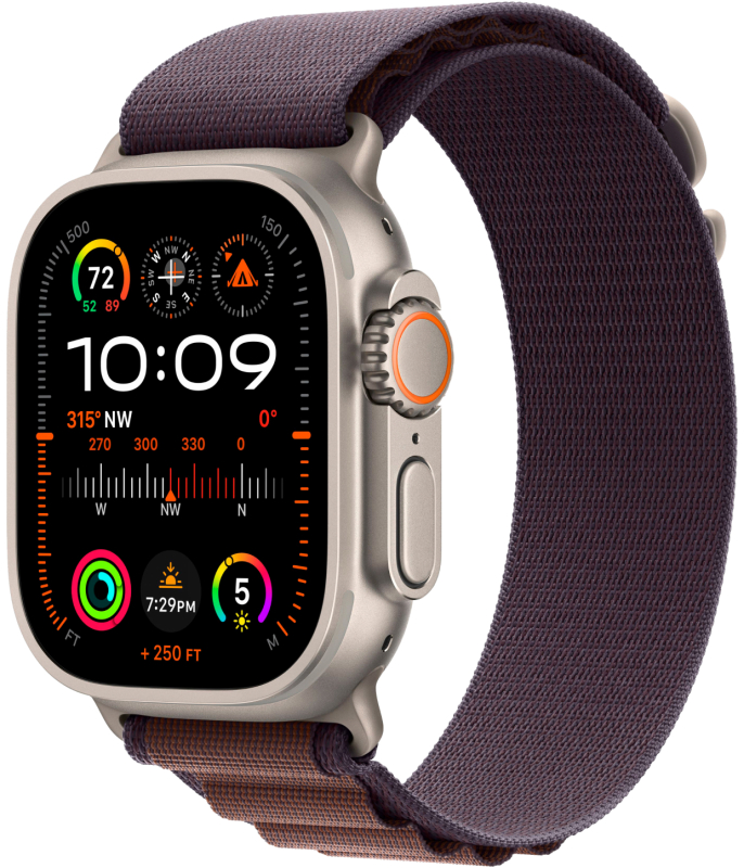 На фото изображено Apple Watch Ultra 2 GPS + Cellular, 49 мм, корпус из титана, ремешок Alpine цвета индиго, S