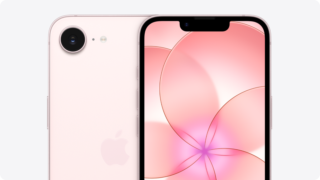 iPhone 17e 2026 года в розовом корпусе: дисплей с чёлкой и кнопкой Action Button, задняя панель с одной камерой iPhone 17e 2026 года в розовом корпусе: дисплей с чёлкой и кнопкой Action Button, задняя панель с одной камерой